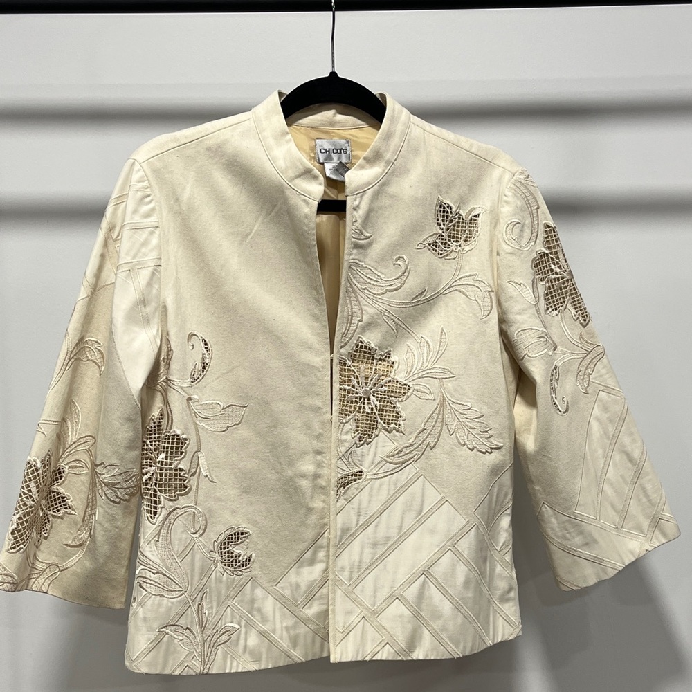 Chico's Cream Floral Embroidered Jacket